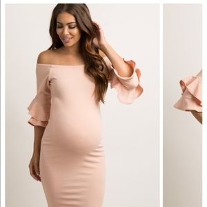 Pink blush flounce sleeve fitted maternity dress